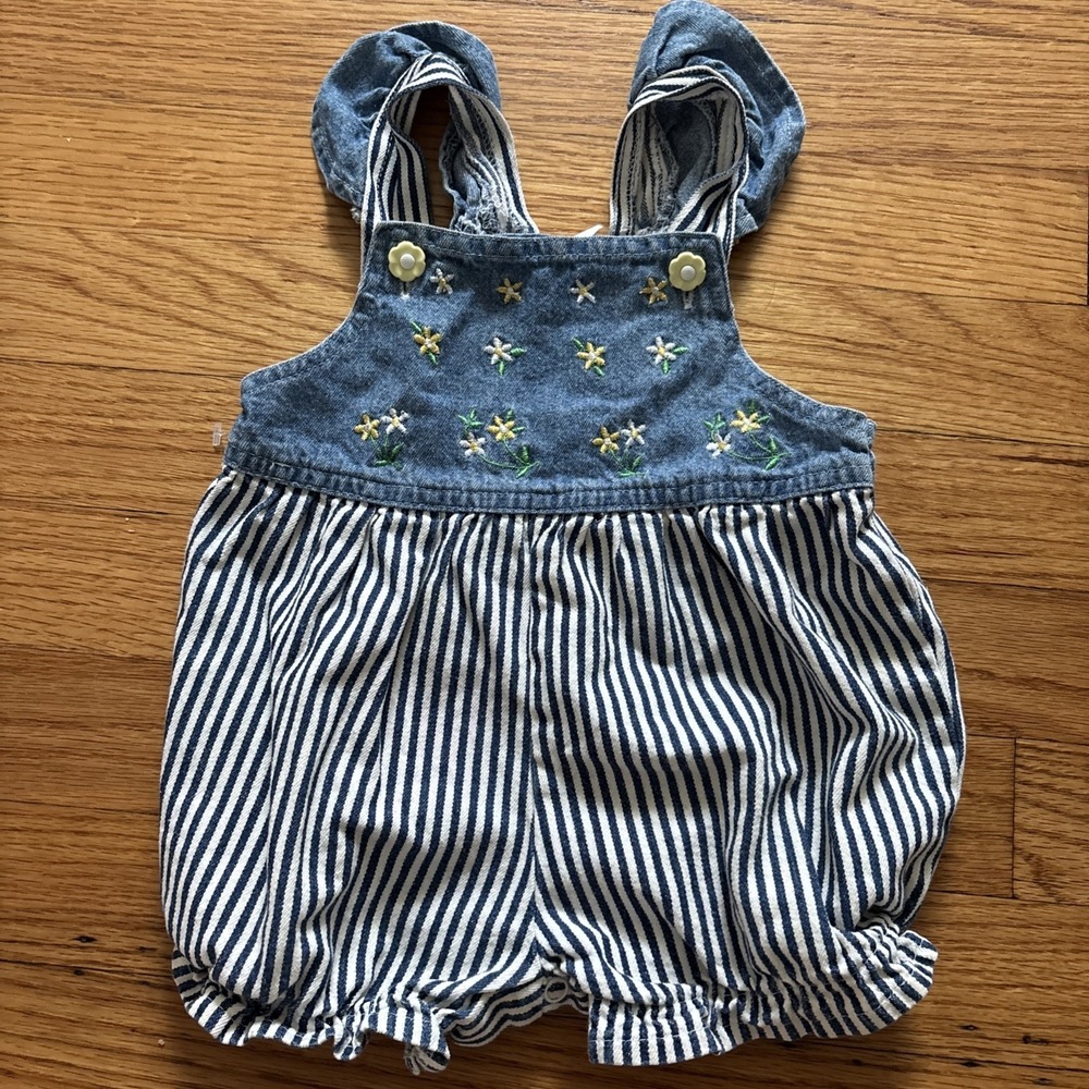 Vtg 90s Baby Bubble Romper Embroidered Sunflowers 6-9 Mth %100 Cotton Denim